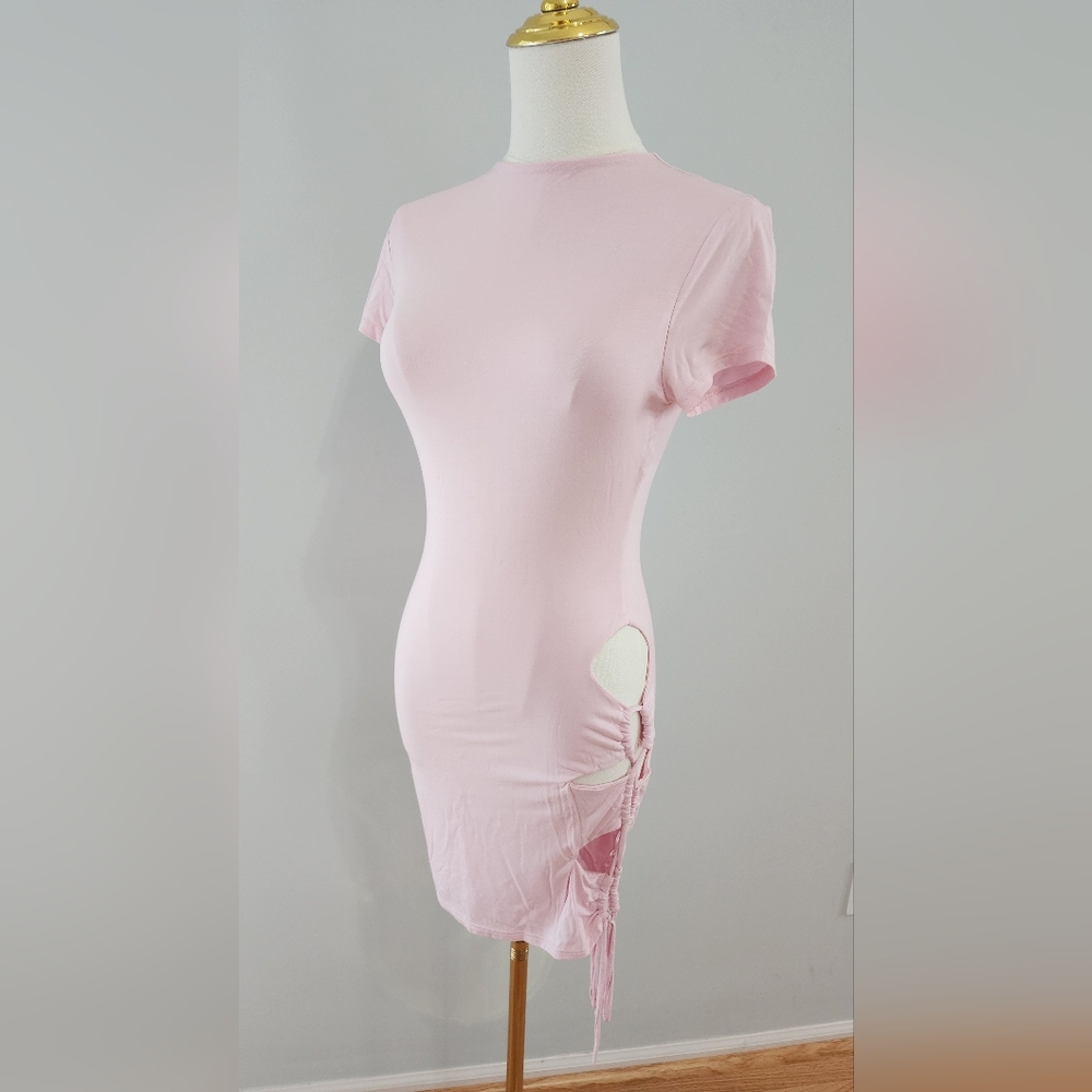 Baby Doll Pink Ruched Mini Dress Clubwear Asymmetrical Shirt Dress Size S